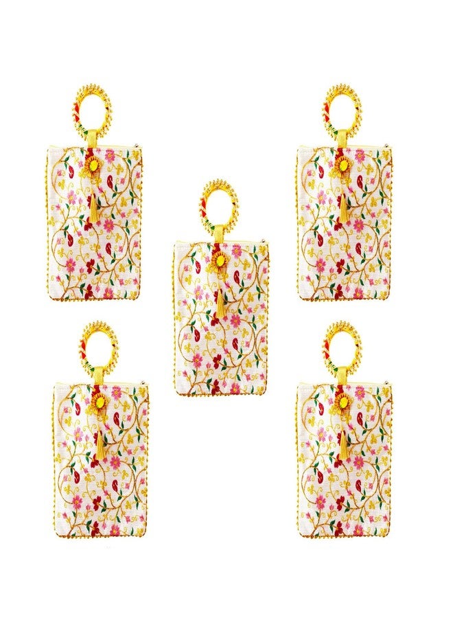 TAVASYA Traditional Potli Gift Bags with Zip & Bangle Handle - Pack of 5 - Floral Design | Return Gift Bags for Weddings, Pooja, Baby Shower, Housewarming, Festivals & Functions - Image 1